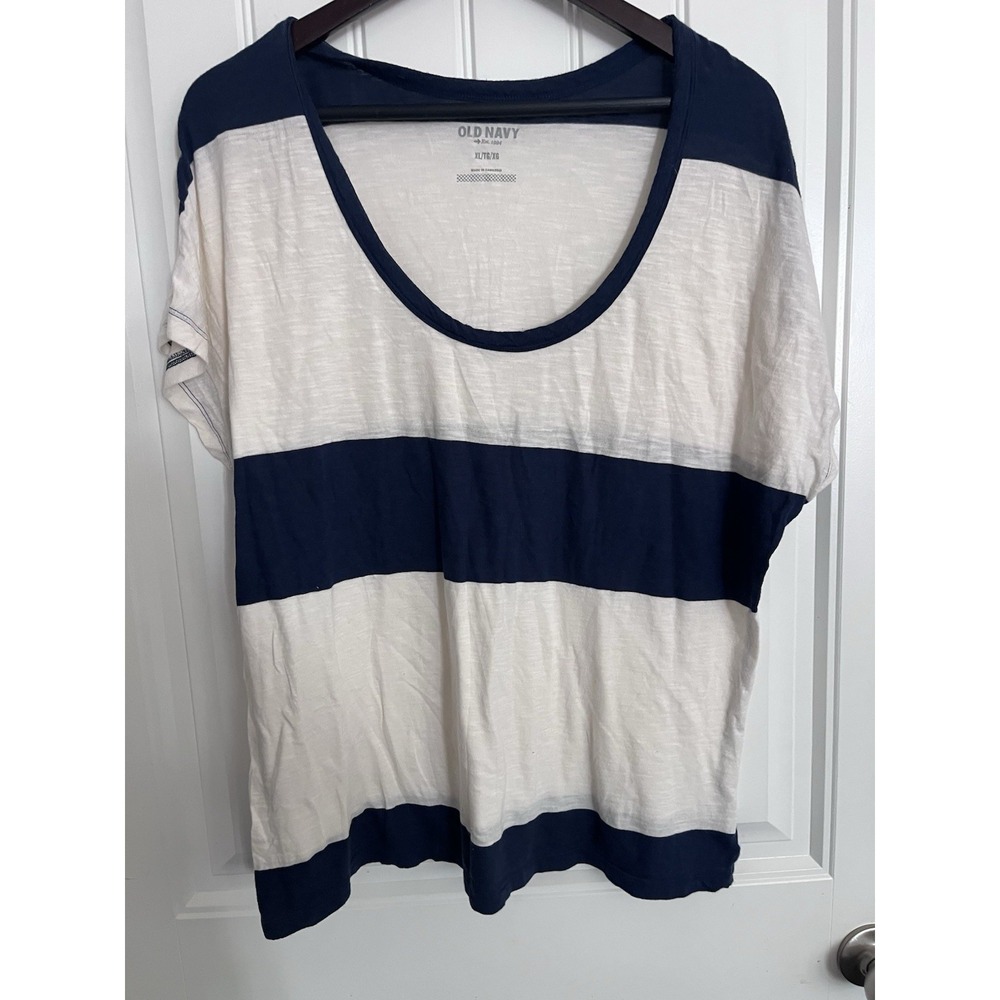 Old Navy T-Shirt Womens Blue White Striped Crew Short Sleeve Tee Top XL 452